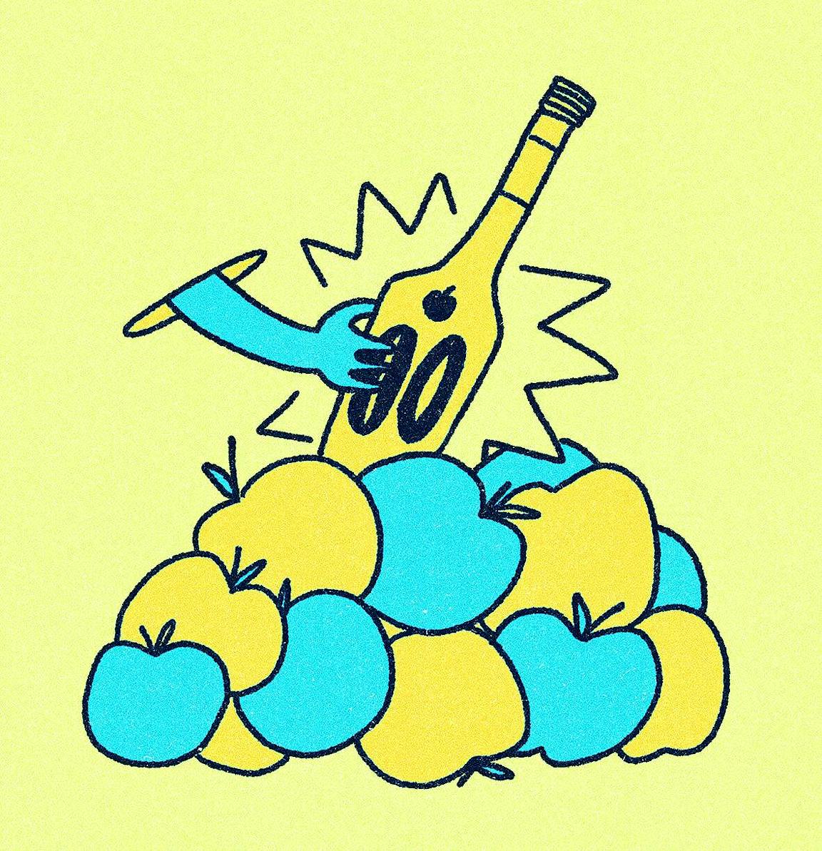 A blue and yellow illustration of a hand grabbing a bottle of wine atop a pile of apples.
